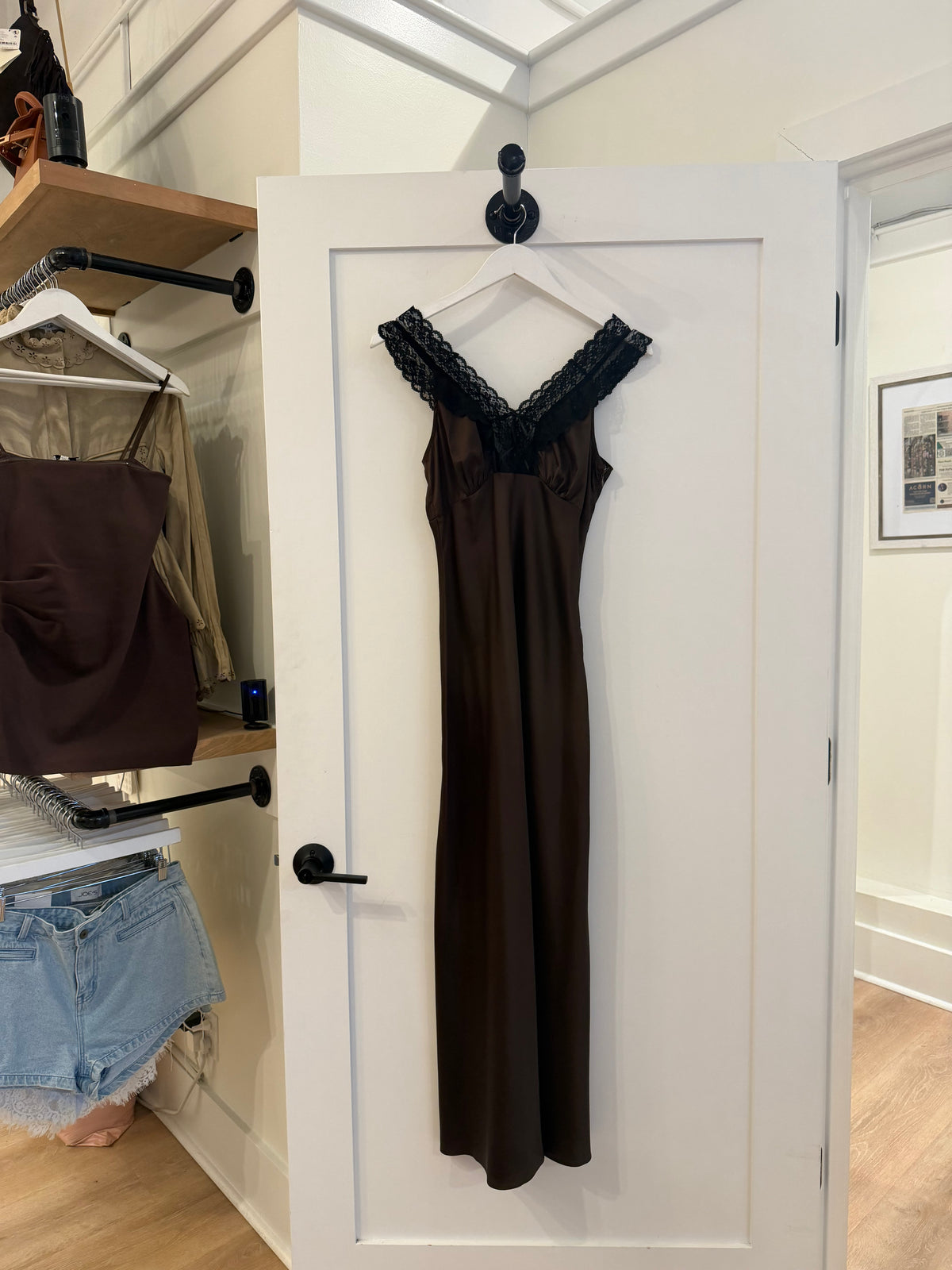 Brown Lace Satin Maxi Dress