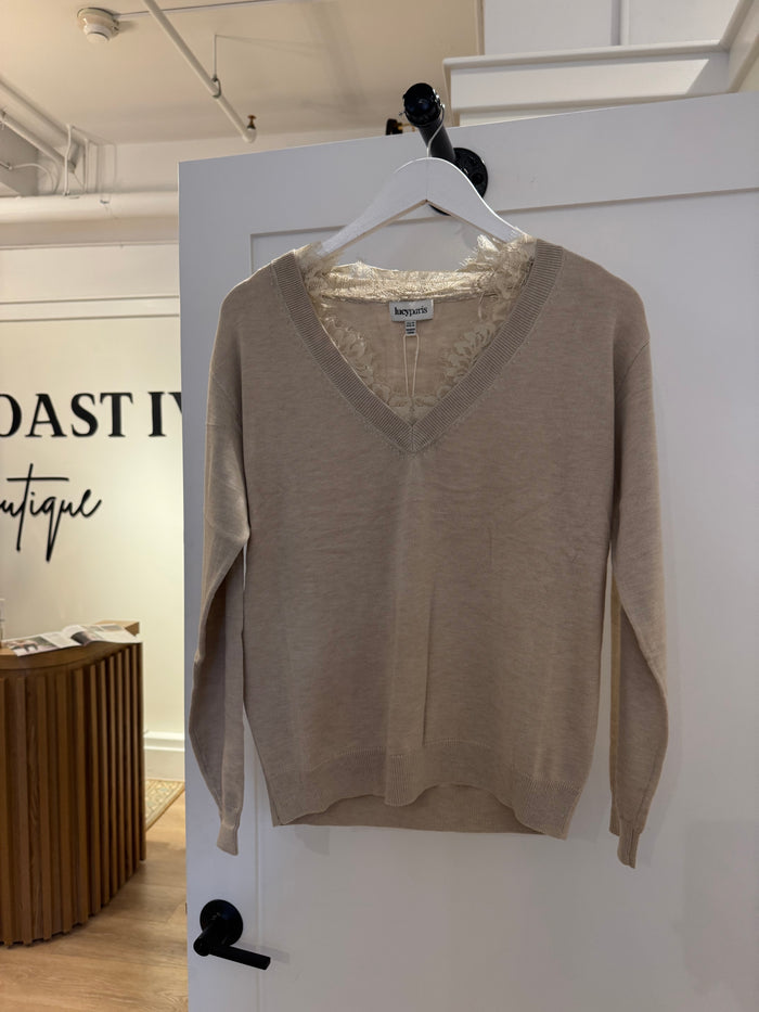 Beige Lace Trim Sweater Top by Lucy Paris