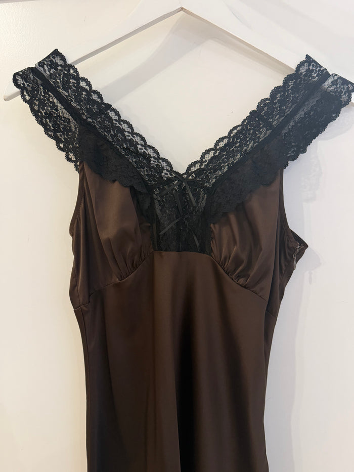 Brown Lace Satin Maxi Dress