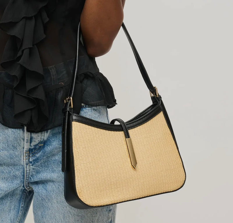 Raffia & Black Shoulder Bag