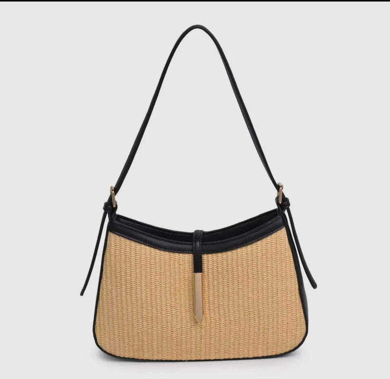 Raffia & Black Shoulder Bag