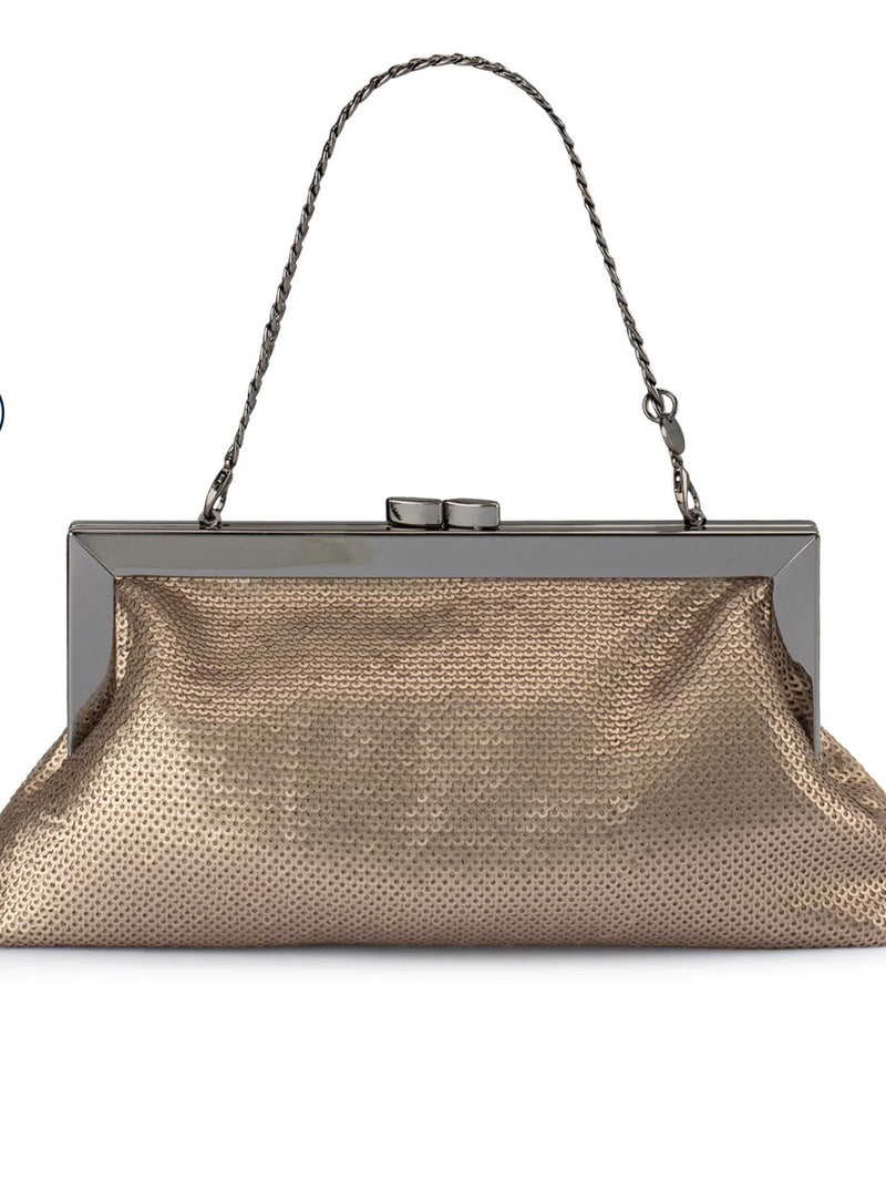 Gold sequin clutch by Olga Berg