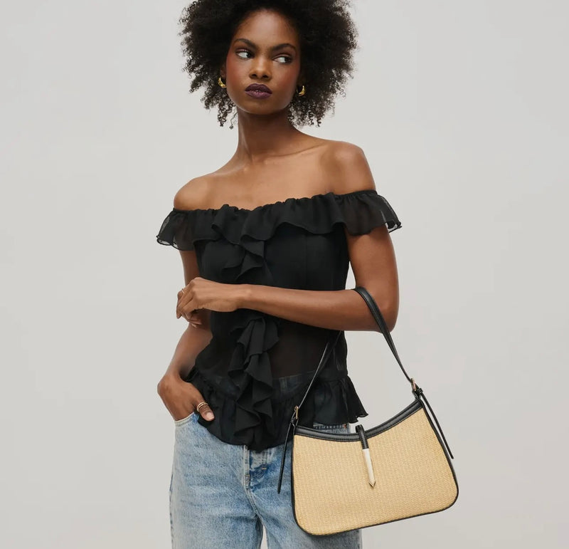 Raffia & Black Shoulder Bag