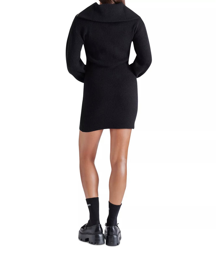 Quarter Zip Sweater Dress in Black by Steve Madden