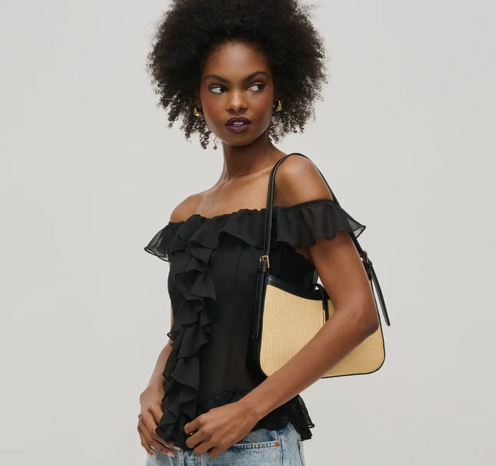 Raffia & Black Shoulder Bag