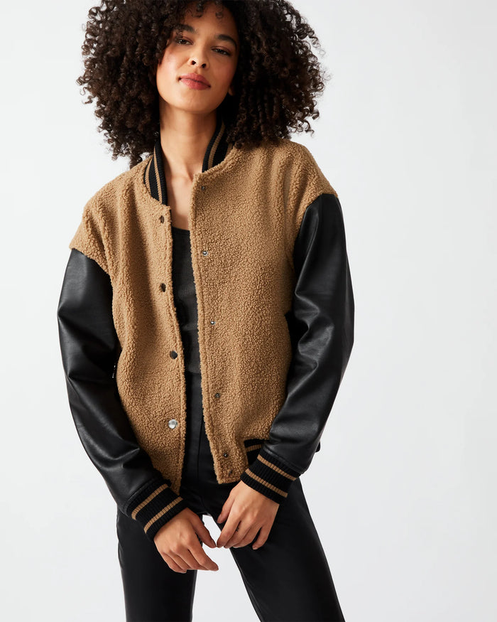 Vegan Leather and Sherpa Varsity jacket by Steve Madden