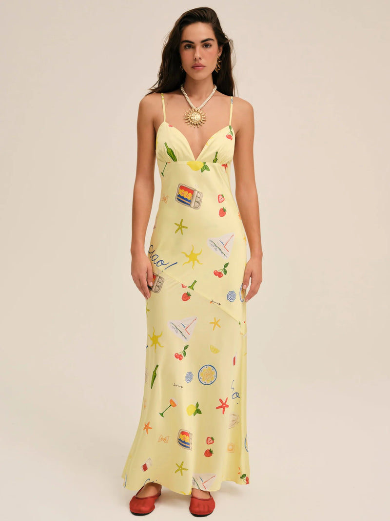 Huda Yellow Satin Maxi Dress by For Love and Lemons