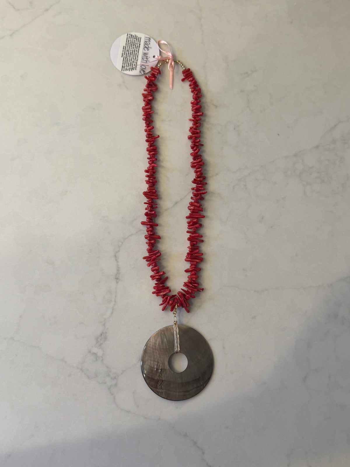 Coral Neckalce with Mother of Pearl Pendant by Kimberly Aman