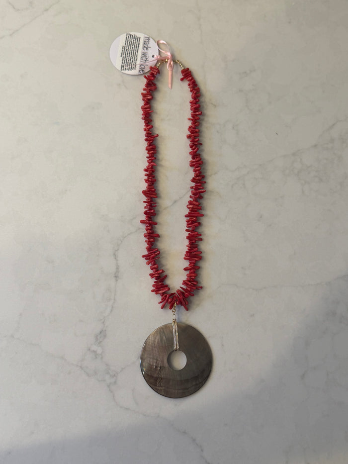 Coral Neckalce with Mother of Pearl Pendant by Kimberly Aman