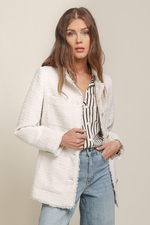 White Tweed Blazer Jacket by Line and Dot