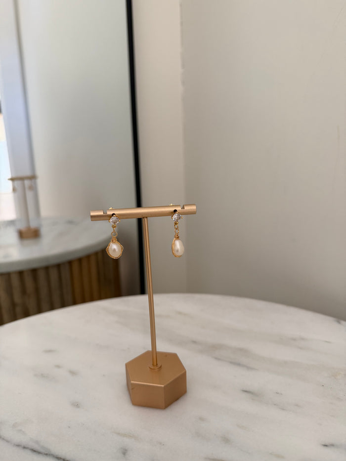 Cz Stud with Wire Wrapped Pearl Dangle by Charzie Jewelry