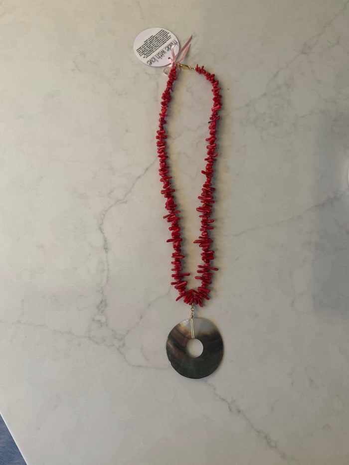 Coral Necklace with Mother of Pearl Charm Pendant by Kimberly Aman