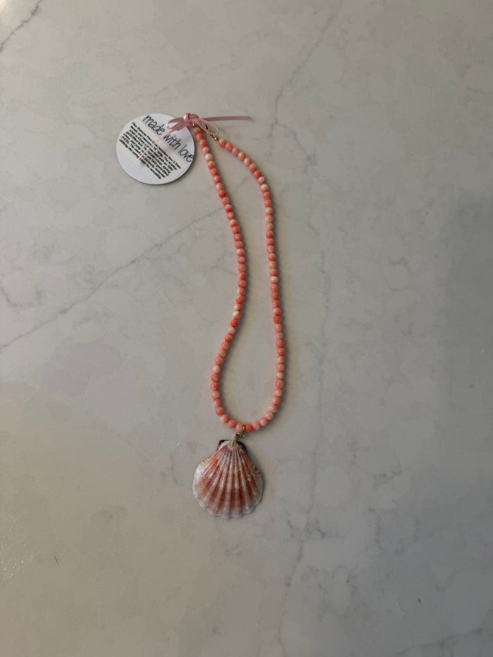 Pink Coral Necklace with Shell Pendant by Kimberly Aman