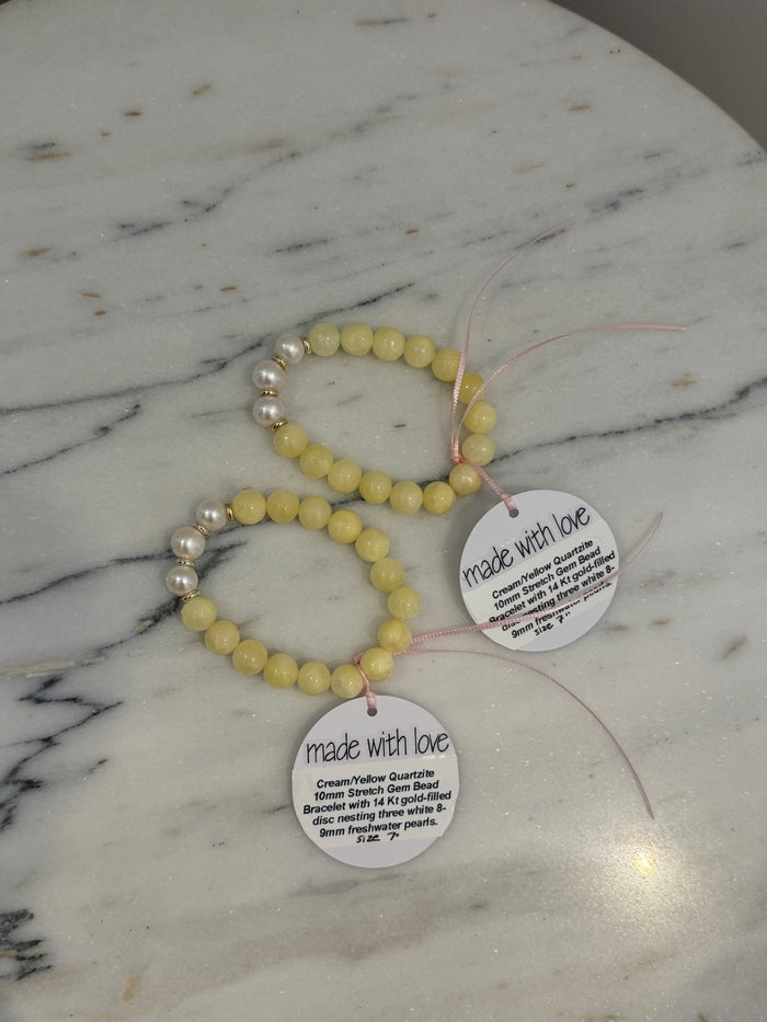 Yellow Quartzite & Pearl Beaded Bracelet by Kimberly Aman