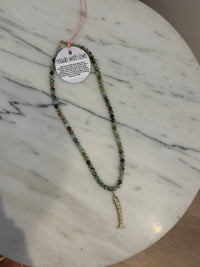 Azurite Quartzite Gemstone Beaded Necklace with Gold Fish Charm by Kimberly Aman