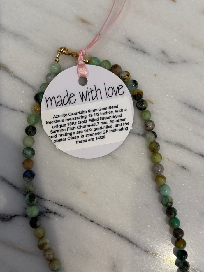 Azurite Quartzite Gemstone Beaded Necklace with Gold Fish Charm by Kimberly Aman