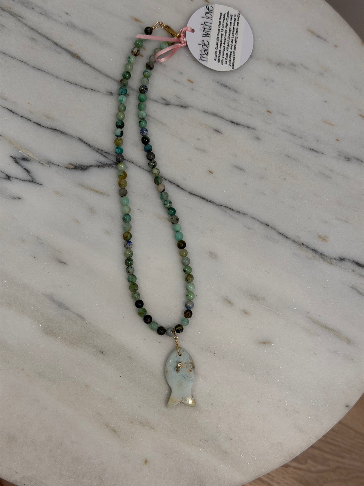 Azurite Quartzite Gemstone Beaded Necklace with Green Fish Charm by Kimberly Aman