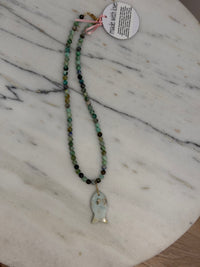 Azurite Quartzite Gemstone Beaded Necklace with Green Fish Charm by Kimberly Aman