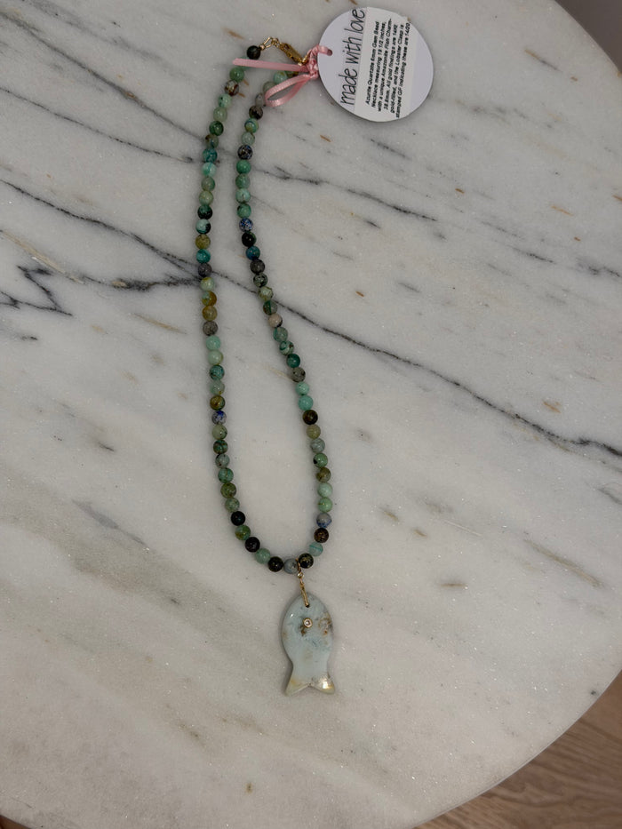 Azurite Quartzite Gemstone Beaded Necklace with Green Fish Charm by Kimberly Aman