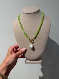 Jade Gemstone Beaded Necklace with a Baroque Freshwater Pearl Charm by Kimberly Aman