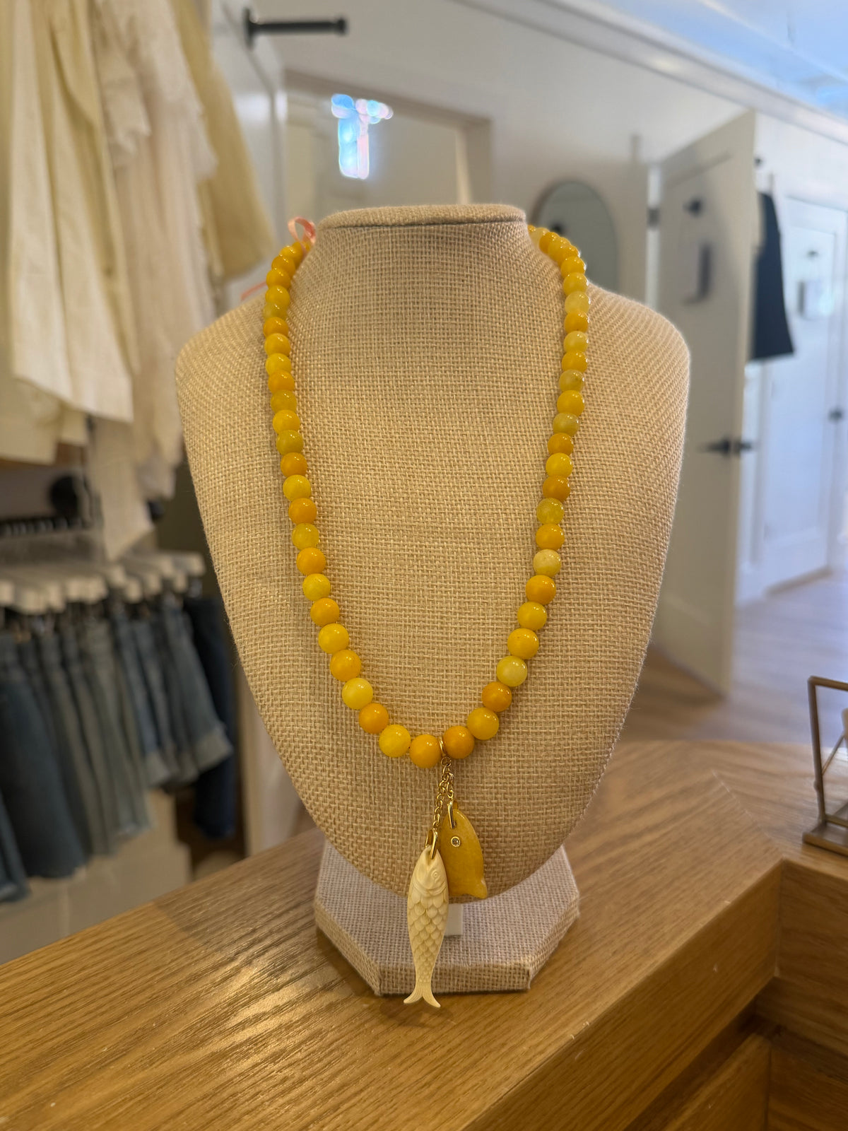 Yellow Round Jade Gemstone Fish Necklace by Kimberly Aman