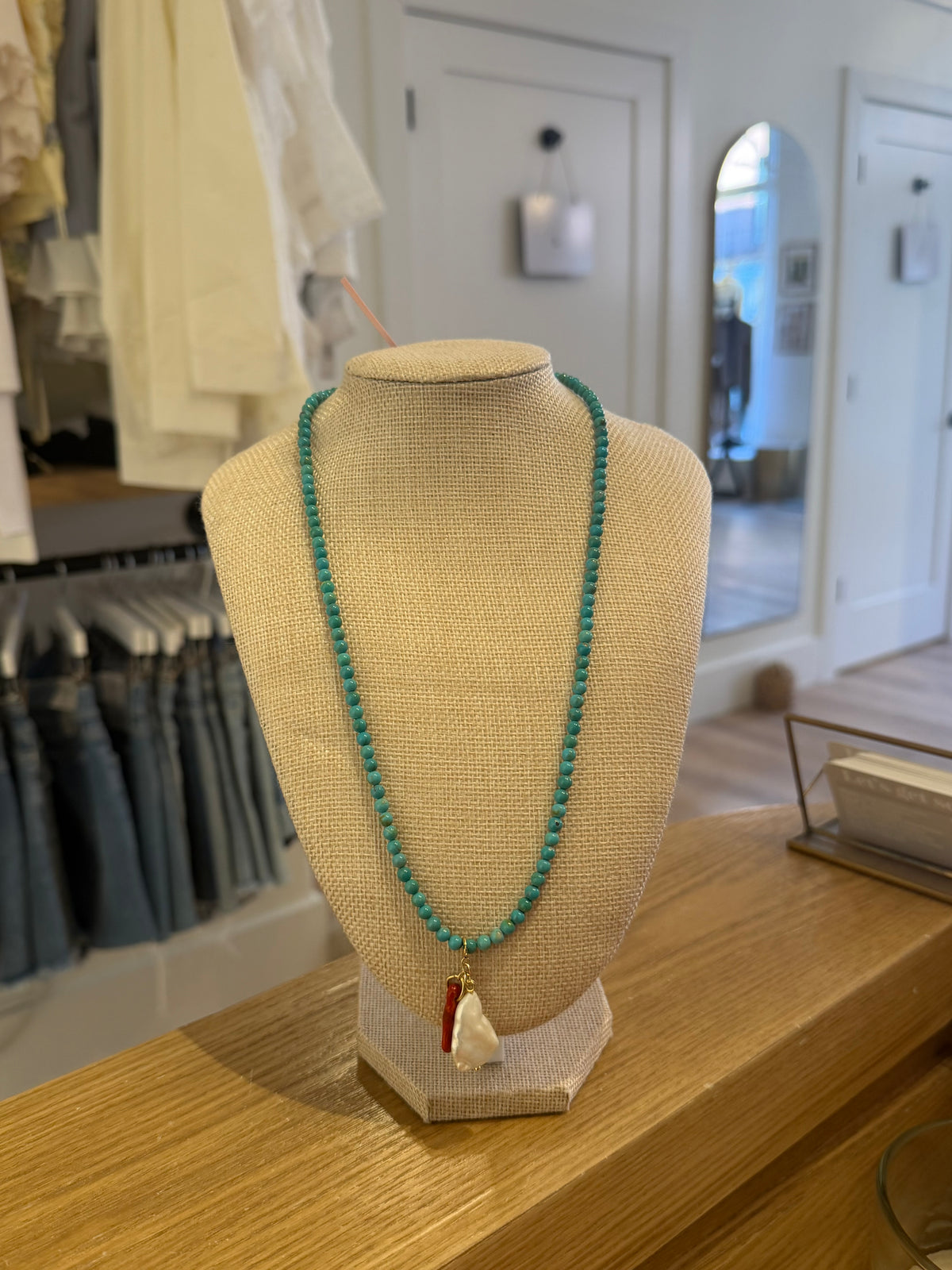 Geuine Turquoise Necklace with Genuine Pearl and Coral Charms by Kimberly Aman