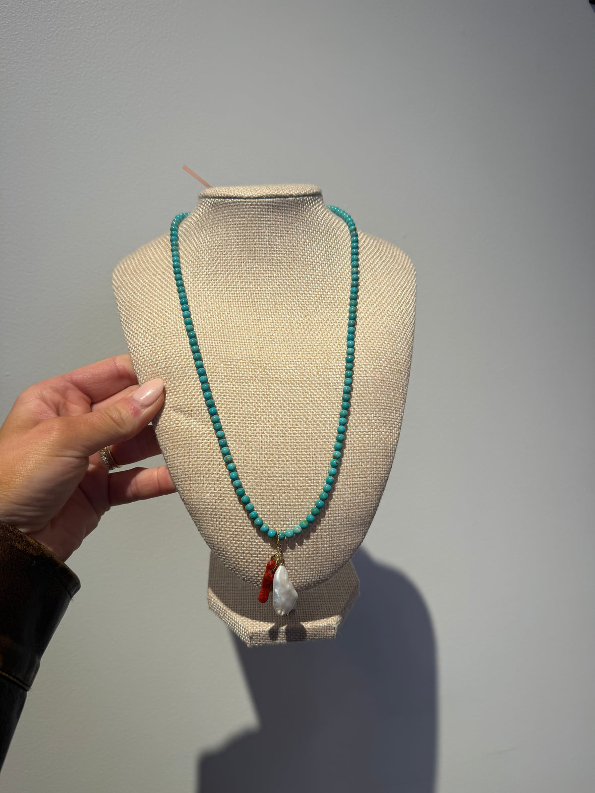 Geuine Turquoise Necklace with Genuine Pearl and Coral Charms by Kimberly Aman