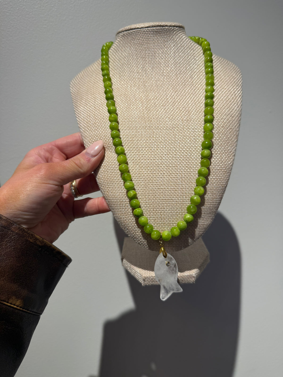 Olive Green Jade Fish Necklace by Kimberly Aman