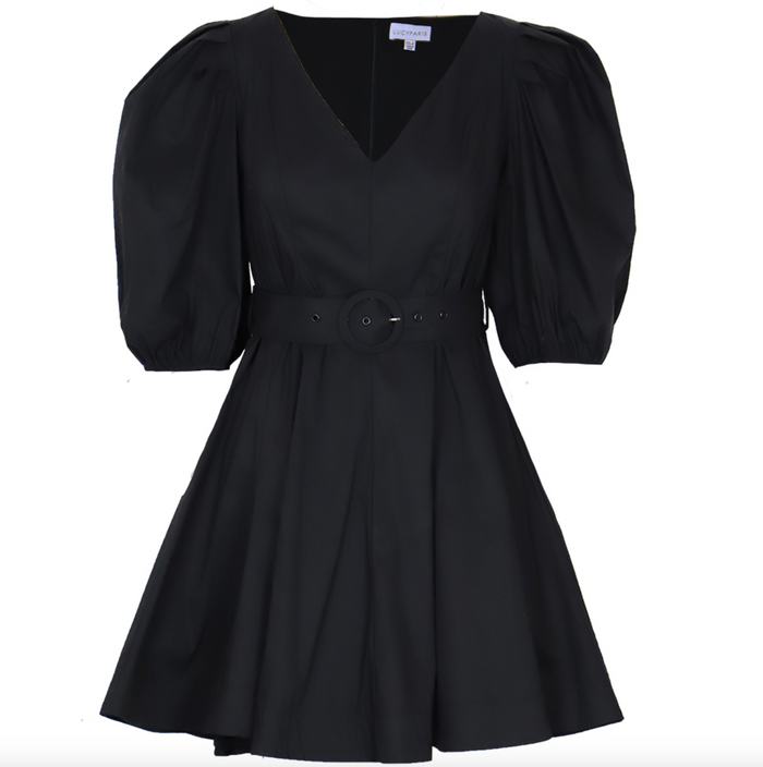 Black Puff Sleeve Mini Dress with Belt by Lucy Paris