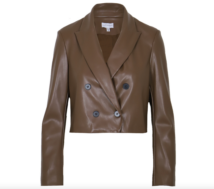Cropped Brown Vegan Leather Blazer by Lucy Paris