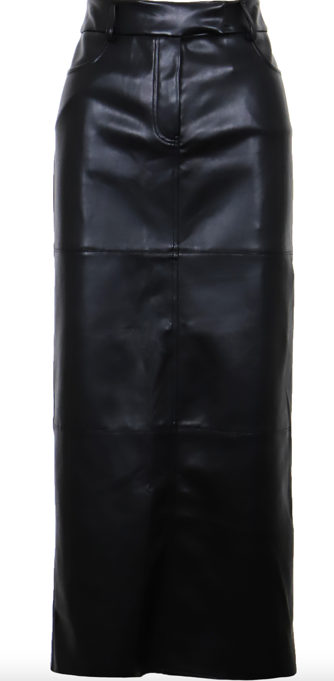 Maxi Vegan Leather Skirt in Black by Lucy Paris