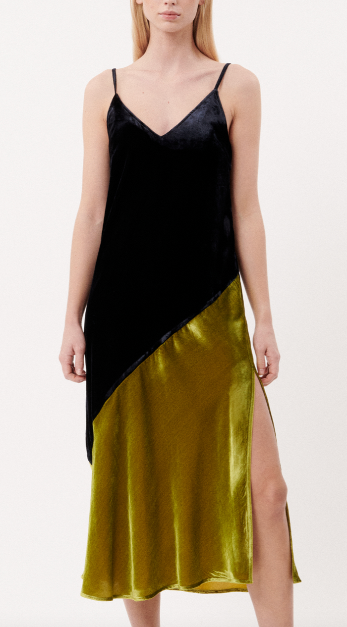 Black and Greeen Velvet Dress with Slit by FRNCH