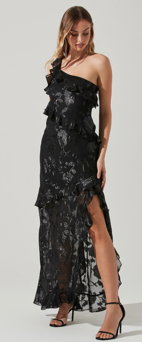 One Shoulder Black Ruffle Sheer Dress with Slit by ASTR the label