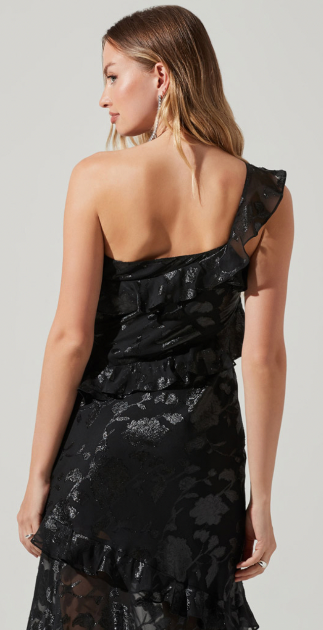 One Shoulder Black Ruffle Sheer Dress with Slit by ASTR the label