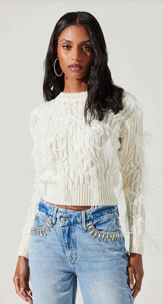 White Long Sleeve Cable Knit with Feather Sweater by ASTR the label
