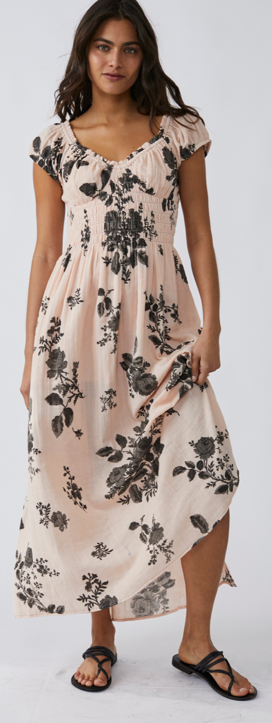 Black and Light Pink Floral Maxi Dress by Free People