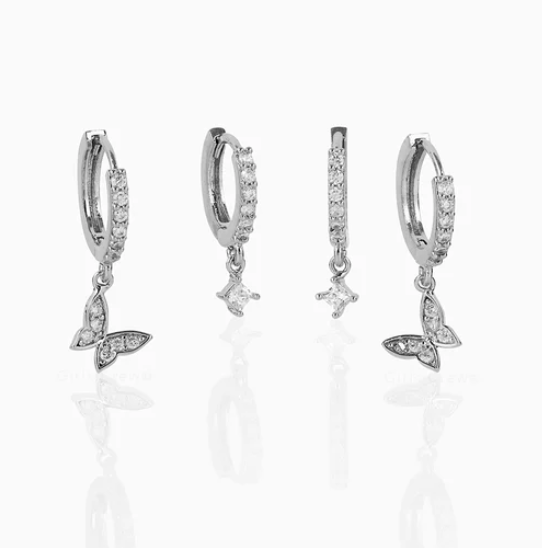 Butterfly Dangle Hoop Earrings Set in Silver by Girls Crew