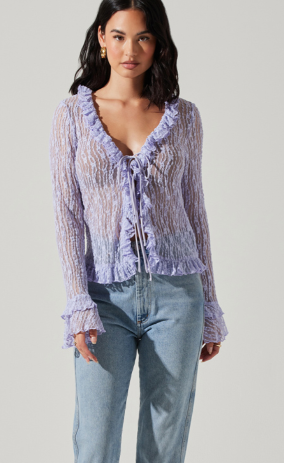 Purple Long Sleeve Sheer Lace Tie Top by ASTR the Label