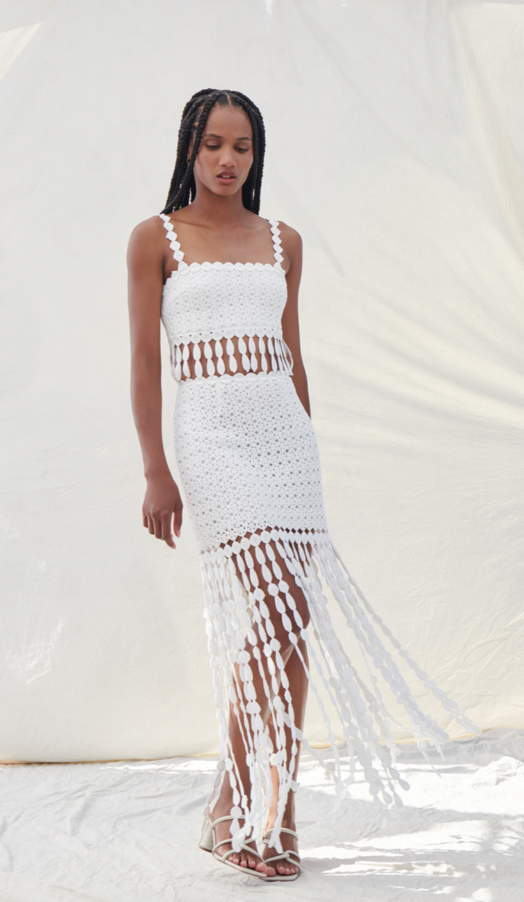 Elie Fringe Tassel White Top and Skirt Set by Saylor