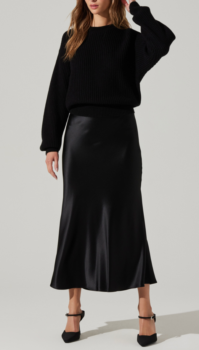 Black Satin Midi Skirt by ASTR the Label