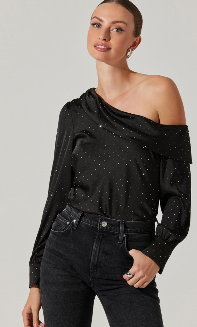 One Shoulder Rhinestone Long Sleeve Top by ASTR the Label