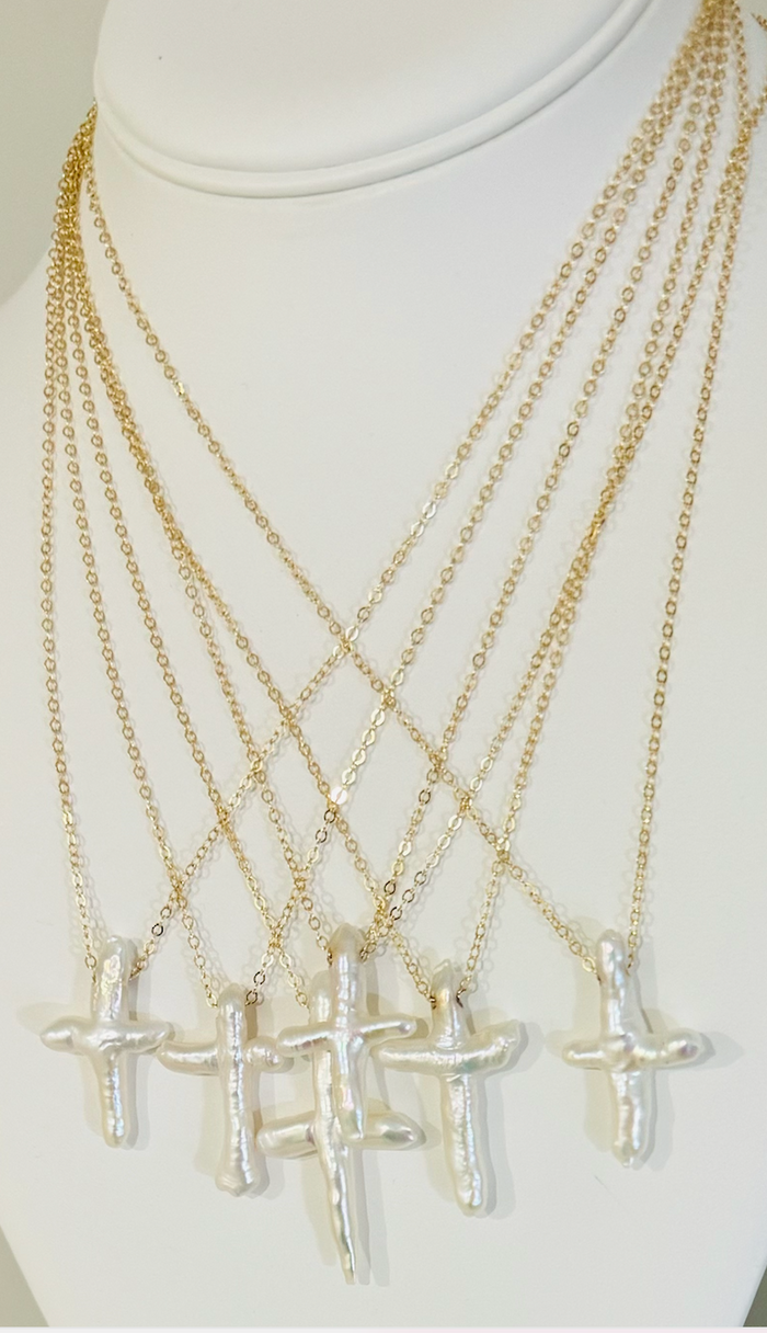 Pearl Cross Gold Filled Necklace by Charzie Jewelry
