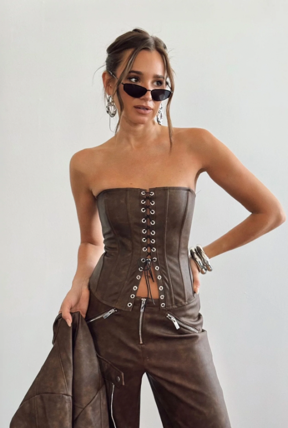 Vegan Leather Lace Up Strapless Corset Top by We Wore What
