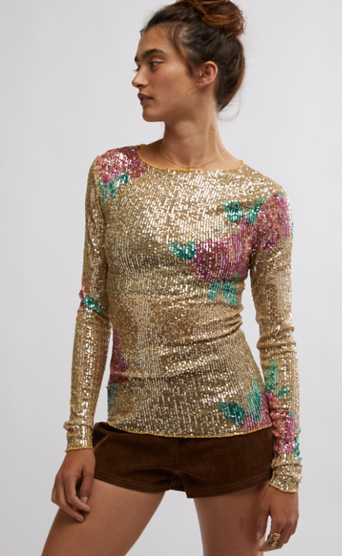 Printed Sequin Long Sleeve Top by Free People