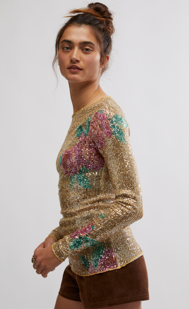 Printed Sequin Long Sleeve Top by Free People