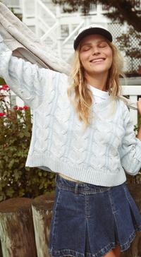 Washed Cable V Neck in Pale Blue by Free People