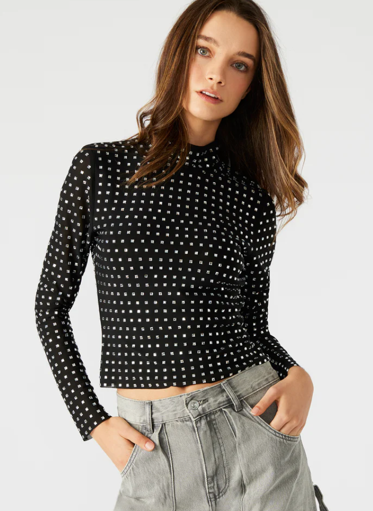 Rhinestone Mesh Mock Neck Top by Steve Madden