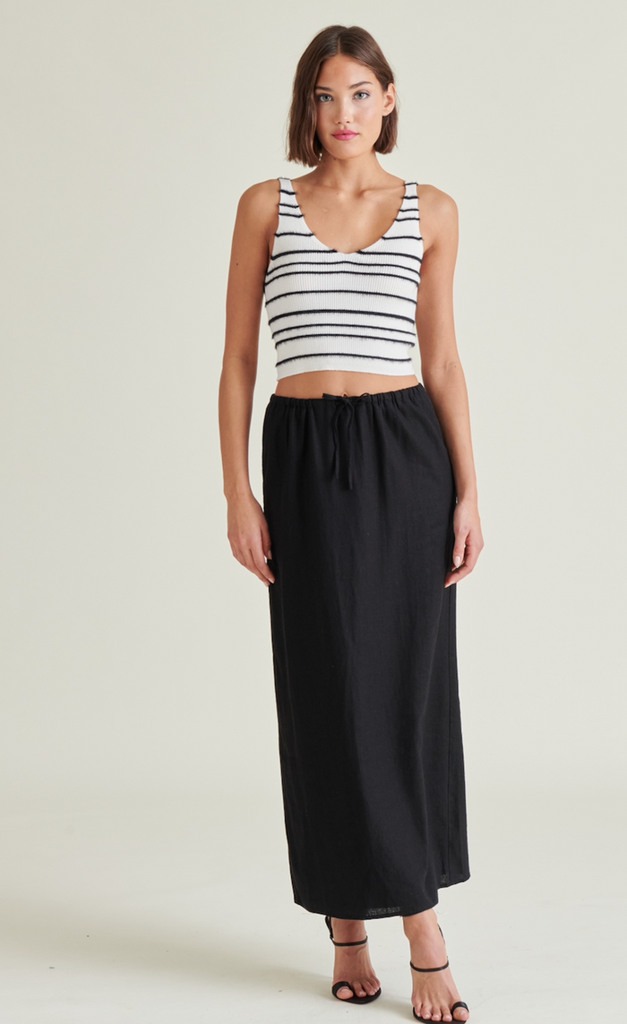 Cadi Linen Maxi Skirt in Ivory and Black by Steve Madden