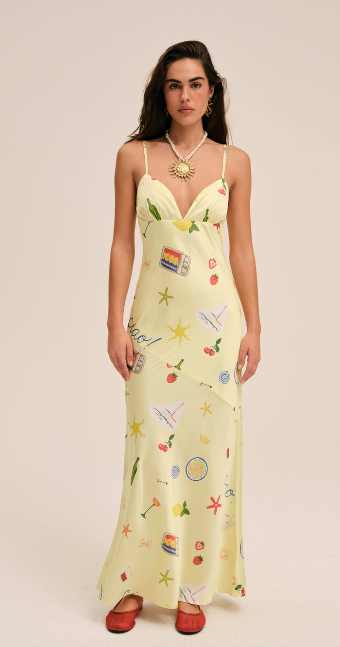 Huda Yellow Satin Maxi Dress by For Love and Lemons