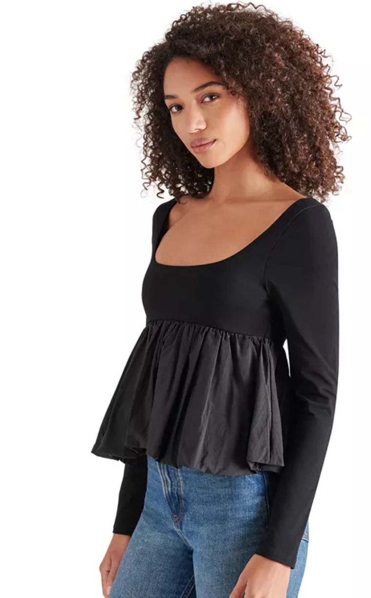 Avielle Black Long Sleeve Peplum Top by Steve Madden